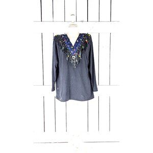 Black long sleeve western beaded stud gemstone fringe vneck tshirt top